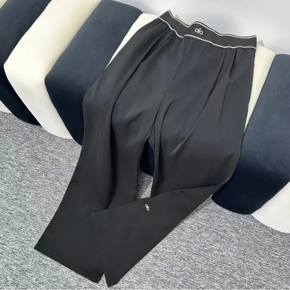ALO Yoga Black Wide Leg High-Rise Pants with Logo Waistband